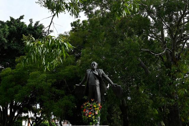 This view shows the monument honoring Nobel Prize-winning author Miguel Angel Asturias in Guatemala City on October 19, 2026. Guatemala marks the anniversary of his birth on October 19, 1899. (Photo by Johan ORDONEZ / AFP)