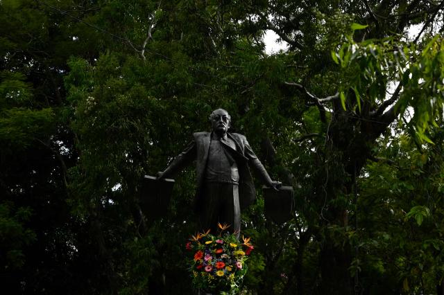 This view shows the monument honoring Nobel Prize-winning author Miguel Angel Asturias in Guatemala City on October 19, 2026. Guatemala marks the anniversary of his birth on October 19, 1899. (Photo by Johan ORDONEZ / AFP)