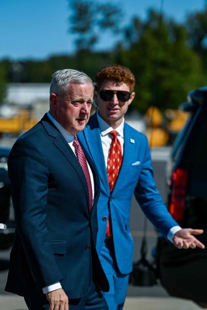 Republican senatorial candidate in North Carolina Michael Whatley waits to greet US Vice President JD Vance on the tarmac upon Vance's arrival at Asheville Regional Airport in Fletcher, North Carolina on October 19, 2026. (Photo by Kenny Holston/The New York Times / POOL / AFP)