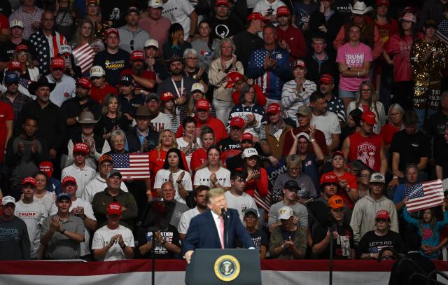 US President Donald Trump speaks during a campaign rally at the Heartland Credit Union Arena in Park City, Kansas, a suburb of Wichita, on October 19, 2026. (Photo by Kent NISHIMURA / AFP)