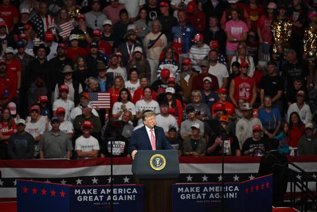 US President Donald Trump speaks during a campaign rally at the Heartland Credit Union Arena in Park City, Kansas, a suburb of Wichita, on October 19, 2026. (Photo by Kent NISHIMURA / AFP)