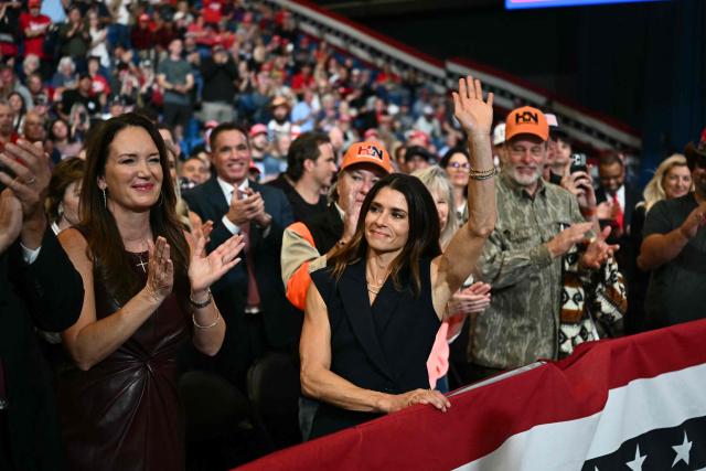 US former racing driver Danica Patrick is seen during a campaign rally at the Heartland Credit Union Arena in Park City, Kansas, a suburb of Wichita, on October 19, 2026. (Photo by Kent NISHIMURA / AFP)
