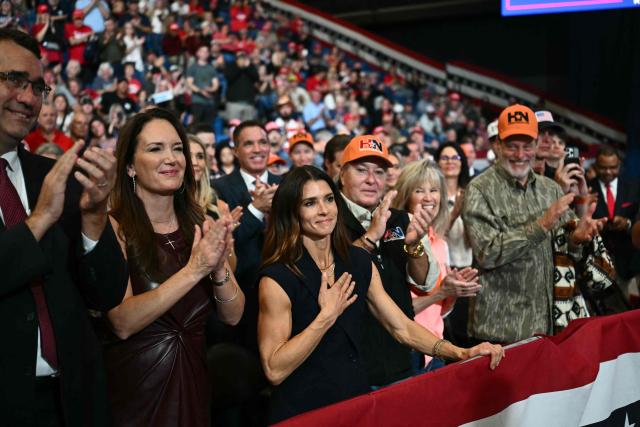 US former racing driver Danica Patrick is seen during a campaign rally at the Heartland Credit Union Arena in Park City, Kansas, a suburb of Wichita, on October 19, 2026. (Photo by Kent NISHIMURA / AFP)
