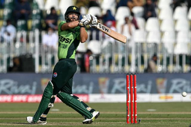 Pakistan's Salman Agha plays a shot during the one-day international (ODI) tri-series cricket match between Pakistan and England at the Rawalpindi Cricket Stadium in Rawalpindi on October 20, 2026. (Photo by Aamir QURESHI / AFP)