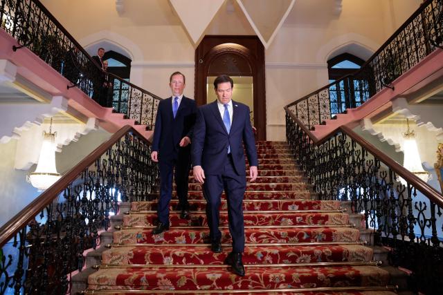 US Secretary of State Marco Rubio (R) walks with US Ambassador to India Sergio Gor upon his arrival at the Taj Mahal Palace Hotel in Mumbai on October 20, 2026. (Photo by Kylie Cooper / POOL / AFP)