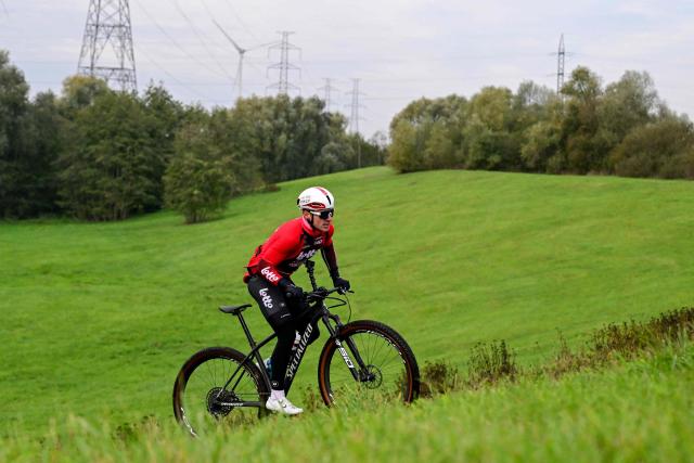 Lotto-Intermarche's Belgian rider Milan Menten cycles during the presentation of the track of the Belgian Championship cyclocross Bilzen-Hoeselt, in Munsterbilzen on October 20, 2026. (Photo by DIRK WAEM / Belga / AFP) / Belgium OUT