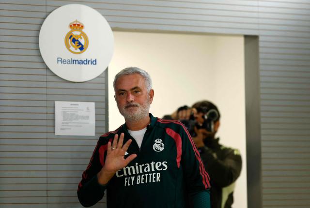 Real Madrid's Portuguese coach Jose Mourinho arrives to attend a press conference ahead of their UEFA Champions League first round day 3 football match against RB Leipzig at the Ciudad Real Madrid training ground in Madrid on October 20, 2026. (Photo by Oscar DEL POZO / AFP)