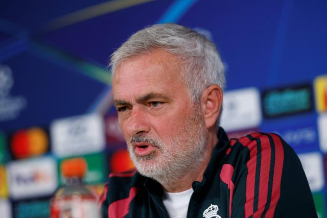 Real Madrid's Portuguese coach Jose Mourinho gives a press conference ahead of their UEFA Champions League first round day 3 football match against RB Leipzig at the Ciudad Real Madrid training ground in Madrid on October 20, 2026. (Photo by Oscar DEL POZO / AFP)