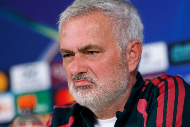 Real Madrid's Portuguese coach Jose Mourinho reacts as he gives a press conference ahead of their UEFA Champions League first round day 3 football match against RB Leipzig at the Ciudad Real Madrid training ground in Madrid on October 20, 2026. (Photo by Oscar DEL POZO / AFP)