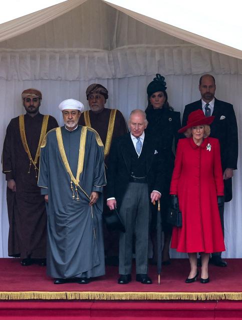 (L-R) H.H. Sayyid Theyazin bin Haitham Al Said Deputy Prime Minister for Economic Affairs, Oman's Sultan Haitham bin Tariq, H.H. Sayyid Shihab bin Tariq Al Said, Deputy Prime Minister for Defence Affairs, Britain's King Charles III, Britain's Catherine, Princess of Wales, Britain's Queen Camilla and Britain's Prince William, Prince of Wales attend a ceremonial welcome for Oman's Sultan Haitham bin Tarik, in the Quadrangle at Windsor Castle, Windsor, on October 20, 2026, the first day of a three-day State Visit to the United Kingdom by The Sultan of Oman. (Photo by Chris Jackson / POOL / AFP)