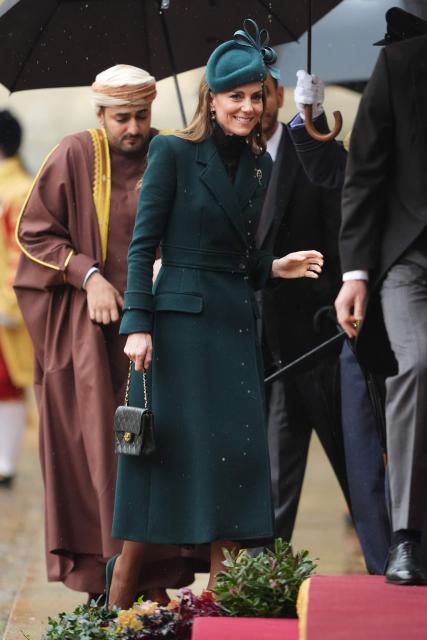 Britain's Catherine, Princess of Wales attends a ceremonial welcome for Oman's Sultan Haitham bin Tarik, in the Quadrangle at Windsor Castle, Windsor, on October 20, 2026, the first day of a three-day State Visit to the United Kingdom by The Sultan of Oman. (Photo by Jonathan Brady / POOL / AFP)