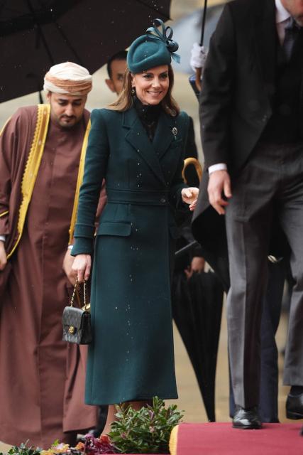 Britain's Catherine, Princess of Wales attends a ceremonial welcome for Oman's Sultan Haitham bin Tarik, in the Quadrangle at Windsor Castle, Windsor, on October 20, 2026, the first day of a three-day State Visit to the United Kingdom by The Sultan of Oman. (Photo by Jonathan Brady / POOL / AFP)