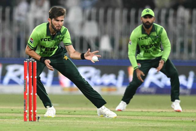 Pakistan's captain Shaheen Shah Afridi fields a throw during the one-day international (ODI) tri-series cricket match between Pakistan and England at the Rawalpindi Cricket Stadium in Rawalpindi on October 20, 2026. (Photo by Aamir QURESHI / AFP)