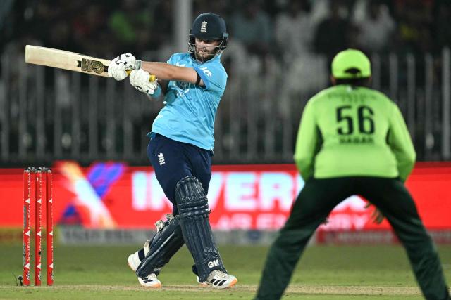 England's Ben Duckett plays a shot during the one-day international (ODI) tri-series cricket match between Pakistan and England at the Rawalpindi Cricket Stadium in Rawalpindi on October 20, 2026. (Photo by Aamir QURESHI / AFP)