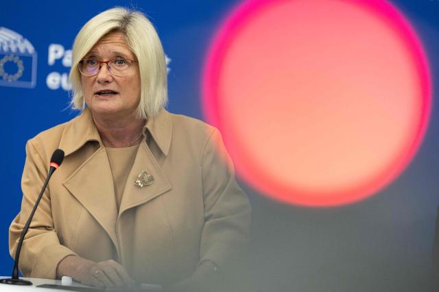 Hungarian MEP and vice-president of the Patriots for Europe group Kinga Gal attends a press conference during a plenary session at the European Parliament in Strasbourg, eastern France on October 20, 2026. (Photo by ROMEO BOETZLE / AFP)