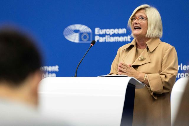 Hungarian MEP and vice-president of the Patriots for Europe group Kinga Gal attends a press conference during a plenary session at the European Parliament in Strasbourg, eastern France on October 20, 2026. (Photo by ROMEO BOETZLE / AFP)