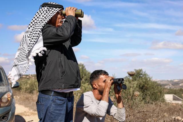 Palestinian farmers look through binoculars watching for Israeli settlers during the olive harvest in Turmus Ayya, northeast of Ramallah, in the Israeli-occupied West Bank, on October 20, 2026. Attacks on a US journalist and European diplomats in the occupied West Bank have turned the Israeli prime minister's championing of settlers into a potential liability days before elections, with opponents calling him soft on "Jewish terrorism". Several Palestinians have been killed in the near-daily attacks by settlers during the harvest which have included beatings, arson and theft. (Photo by Zain JAAFAR / AFP)