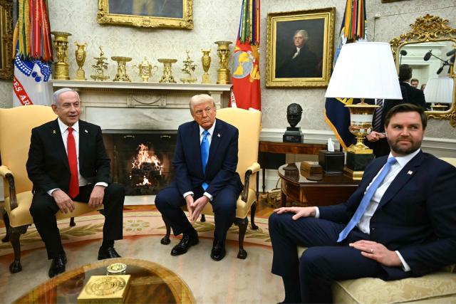 (FILES) US President Donald Trump (C) and US Vice President JD Vance (R) meet with Israel's Prime Minister Benjamin Netanyahu in the Oval Office of the White House in Washington, DC, on February 4, 2025. US Vice President JD Vance said he would not be following Donald Trump in endorsing Israeli Prime Minister Benjamin Netanyahu and wanted to stay on the sidelines. "I'm not anti-endorsing him. I'm not pro-endorsing him. I'm not getting involved in Israeli elections," Vance said of Netanyahu, in an interview October 19 with journalist Mark Halperin. Trump on October 18 issued a public endorsement of his right-wing ally Netanyahu, who is seeking a new term as premier in Israel's October 27 parliamentary election. (Photo by ANDREW CABALLERO-REYNOLDS / AFP)