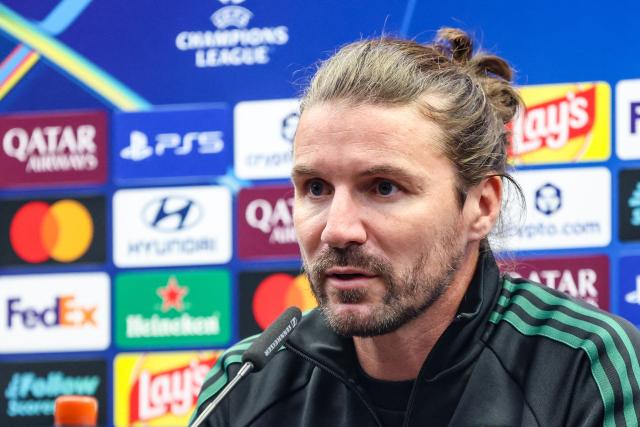 Lens' French headcoach Yannick Cahuzac addresses the media during a press conference in Brugge on October 20, 2026, on the eve of the UEFA Champions League matchday 3 football match between Club Brugge to RC Lens. (Photo by BRUNO FAHY / Belga / AFP) / Belgium OUT