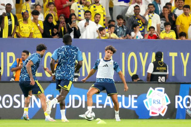 Nassr's Portuguese forward #79 Joao Felix warms up before the Saudi Pro League football match between Al-Nassr FC and Neom FC at Awwal Park in Riyadh on October 20, 2026. (Photo by Fayez NURELDINE / AFP)