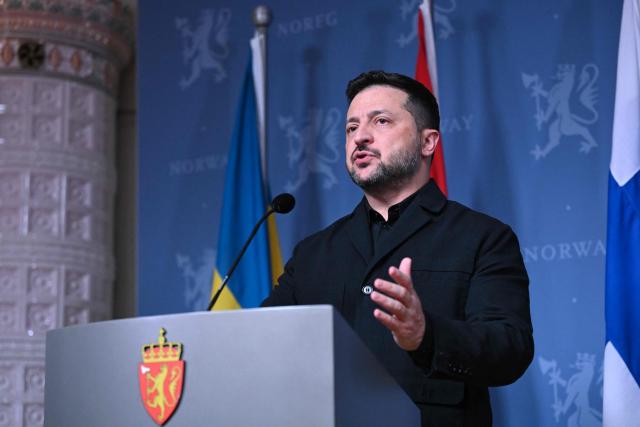 Ukraine's President Volodymyr Zelensky delivers a joint press conference after a meeting with Norway's Prime Minister and Finland's President on the situation in Ukraine on October 20, 2026 in Oslo. (Photo by Jonathan Nackstrand / AFP)