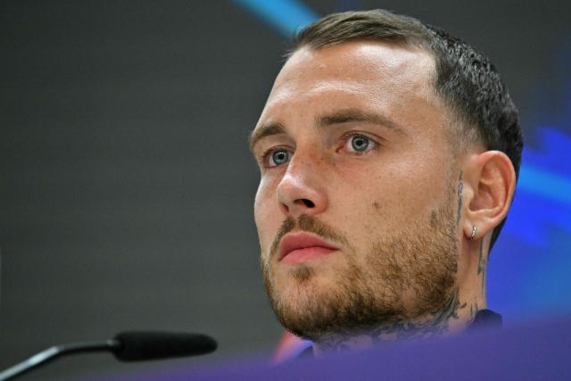RB Leipzig's German defender #22 David Raum gives a press conference ahead of their UEFA Champions League first round day 3 football match against Real Madrid CF at the Santiago Bernabeu stadium in Madrid on October 20, 2026. (Photo by JAVIER SORIANO / AFP)