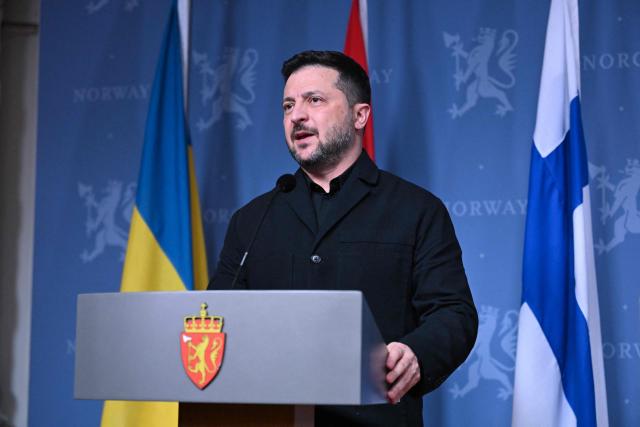 Ukraine's President Volodymyr Zelensky delivers a joint press conference after a meeting with Norway's Prime Minister and Finland's President on the situation in Ukraine on October 20, 2026 in Oslo. (Photo by Jonathan Nackstrand / AFP)