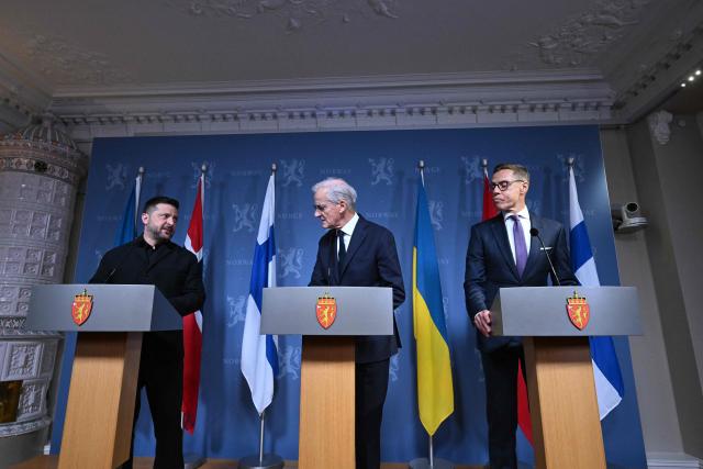 Ukraine's President Volodymyr Zelensky, Norway's Prime Minister Jonas Gahr Store and Finland's President Alexander Stubb deliver a joint press conference after a meeting on the situation in Ukraine on October 20, 2026 in Oslo. (Photo by Jonathan Nackstrand / AFP)