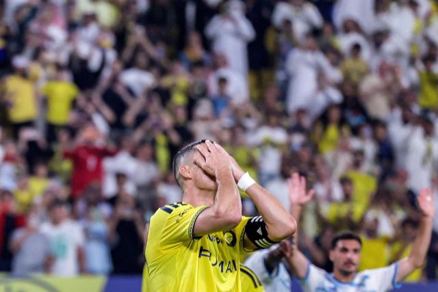 Nassr's Portuguese forward #07 Cristiano Ronaldo reacts after failing to score in a penalty shot during the Saudi Pro League football match between Al-Nassr FC and Neom FC at Awwal Park in Riyadh on October 20, 2026. (Photo by Fayez NURELDINE / AFP)