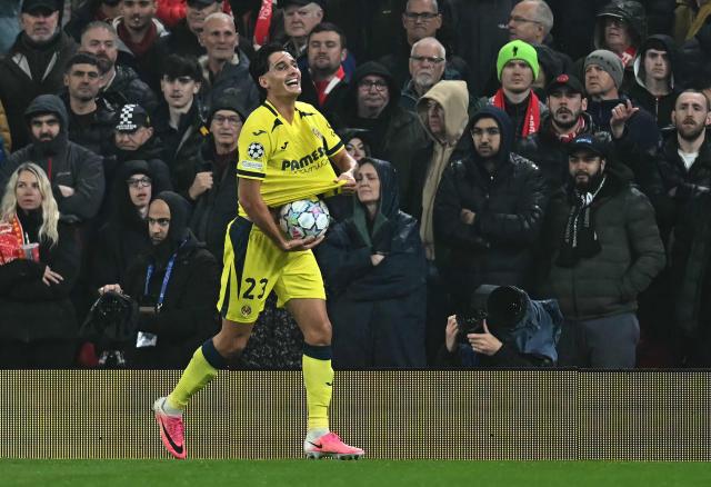 Villarreal's Spanish defender #23 Sergi Cardona celebrates scoring the team's second goal during the UEFA Champions League football match between Liverpool and Villareal at Anfield in Liverpool, north west England on October 20, 2026. (Photo by Paul ELLIS / AFP)