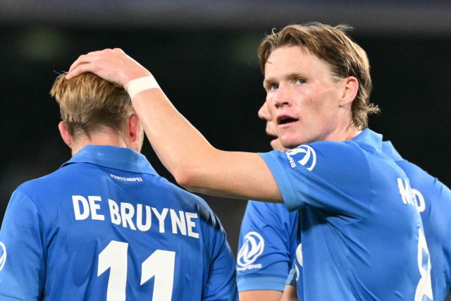 Napoli's Scottish midfielder #08 Scott McTominay celebrates scoring his team's second goal during the UEFA Champions League - first round day 3 football match between Napoli and Bodo Glimt at the Diego Armando Maradona stadium in Naples on October 20, 2026. (Photo by Alberto PIZZOLI / AFP)