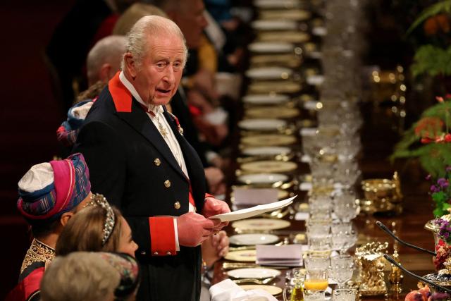 Britain's King Charles III delivers a speech during the State Banquet at Windsor Castle, Windsor, on October 20, 2026, the first day of a three-day State Visit to the United Kingdom by The Sultan of Oman. (Photo by Isabel Infantes / POOL / AFP)