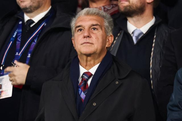 FC Barcelona's President Joan Laporta looks on ahead of the UEFA Champions League first round day 3 football match between Paris Saint-Germain (PSG) and FC Barcelona at the Parc de Princes stadium in Paris on October 20, 2026. (Photo by FRANCK FIFE / AFP)