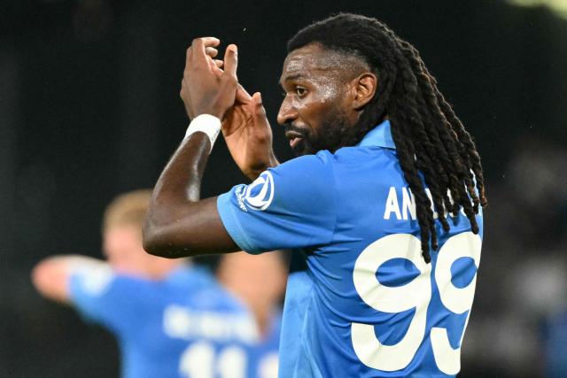 Napoli's Cameroonian midfielder #99 Andre-Frank Anguissa reacts during the UEFA Champions League - first round day 3 football match between Napoli and Bodo Glimt at the Diego Armando Maradona stadium in Naples on October 20, 2026. (Photo by Alberto PIZZOLI / AFP)