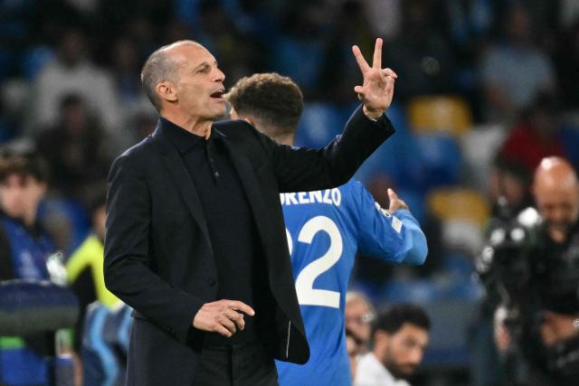 Napoli's Italian coach Massimiliano Allegri gestures during the UEFA Champions League - first round day 3 football match between Napoli and Bodo Glimt at the Diego Armando Maradona stadium in Naples on October 20, 2026. (Photo by Alberto PIZZOLI / AFP)