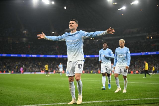 Manchester City's English midfielder #47 Phil Foden celebrates scoring the team's fourth goal during the UEFA Champions League football match between Manchester City and AEK Athens at the Etihad Stadium in Manchester, north west England, on October 20, 2026. (Photo by Oli SCARFF / AFP)