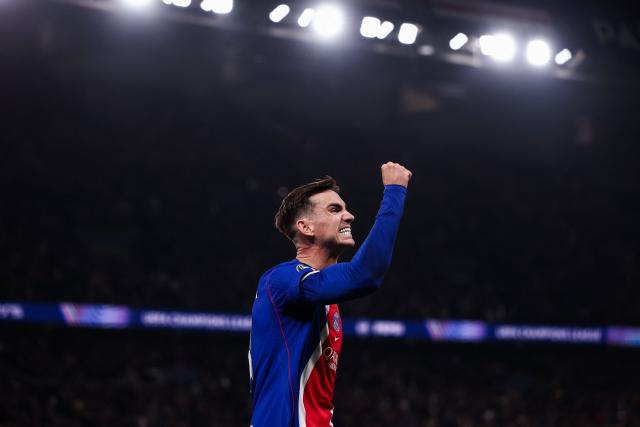 PSG's Spanish midfielder #08 Fabian Ruiz celebrates after scoring his team fourth goal during the UEFA Champions League first round day 3 football match between Paris Saint-Germain (PSG) and FC Barcelona at the Parc de Princes stadium in Paris on October 20, 2026. (Photo by FRANCK FIFE / AFP)