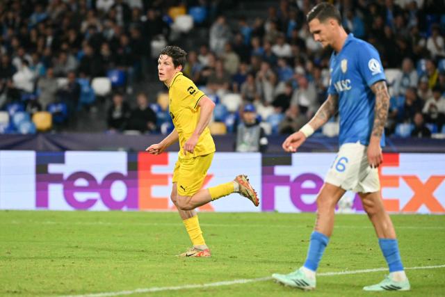 Bodo/Glimt's Norwegian midfielder #19 Sondre Brunstad Fet celebrates scoring his team's third goal during the UEFA Champions League - first round day 3 football match between Napoli and Bodo Glimt at the Diego Armando Maradona stadium in Naples on October 20, 2026. (Photo by Alberto PIZZOLI / AFP)