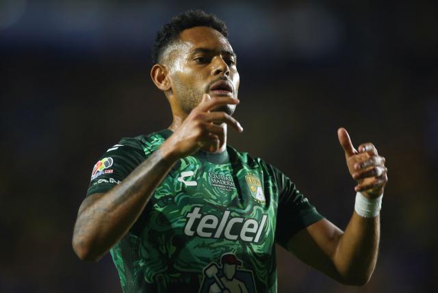 Leon's Panamanian forward #11 Ismael Diaz celebrates scoring his team's first goal during the Liga MX Apertura tournament football match between Tigres and Leon at the Universitario de la UANL stadium in Monterrey, Nuevo Leon state, Mexico, on October 20, 2026. (Photo by Julio Cesar AGUILAR / AFP)