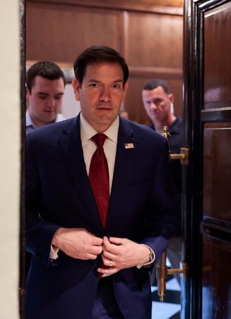 US Secretary of State Marco Rubio arrives to speak with members of the media at the Taj Mahal Palace hotel in Mumbai on October 21, 2026. (Photo by KYLIE COOPER / POOL / AFP)