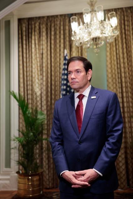 US Secretary of State Marco Rubio meets with members of the media at the Taj Mahal Palace hotel in Mumbai on October 21, 2026. (Photo by KYLIE COOPER / POOL / AFP)