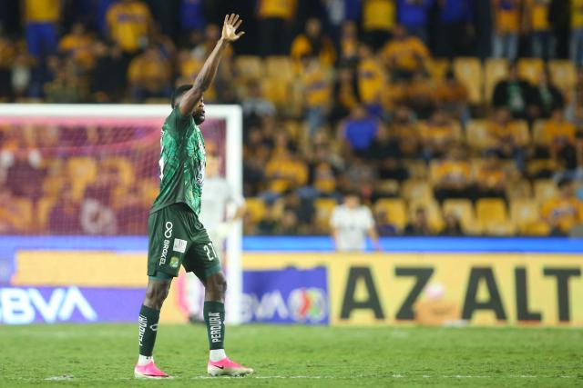 Leon's Colombian forward  #27 Diber Cambindo celebrates scoring his team's second goal fight for the ball during the Liga MX Apertura tournament football match between Tigres and Leon at the Universitario de la UANL stadium in Monterrey, Nuevo Leon state, Mexico, on October 20, 2026. (Photo by Julio Cesar AGUILAR / AFP)
