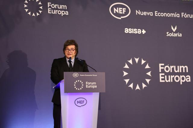 Argentinian President Javier Milei talks during an economic forum in Madrid on October 21, 2026. (Photo by Thomas COEX / AFP)