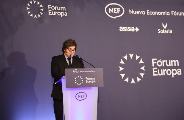 Argentinian President Javier Milei talks during an economic forum in Madrid on October 21, 2026. (Photo by Thomas COEX / AFP)