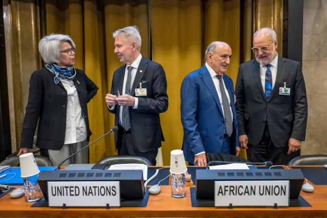 (From L) EU Head of disivion for East and Horn of Africa, Maike Tribbels, United Nation (UN) Personal envoy for Sudan Pekka Haavisto, African Union Sudan special representative Mohamed Belaiche and State secretary of the Swiss Foreign Ministery Alexandre Fasel stand prior to the opening of the sixth Consultative Meeting on Enhancing Coordination of Peace Initiatives and Efforts in Sudan, in Geneva on October 21, 2026. (Photo by Fabrice Coffrini / POOL / AFP)