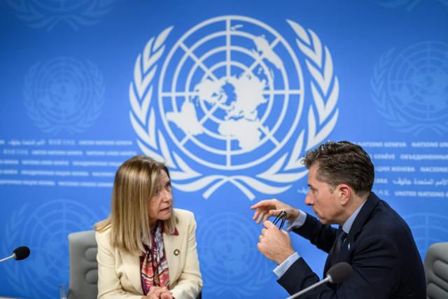 United Nations (UN) Under-Secretary-General for Humanitarian Affairs and Emergency Relief Coordinator Tom Fletcher (R) speaks with World Meteorological Organization (WMO) Secretary-general Celeste Saulo during a joint press conference on the consequences of the unprecedented El Nino event in Geneva, on October 21, 2026. The United Nations called for urgent action to protect those most exposed to the impacts of the exceptionally strong El Nino weather phenomenon hitting the planet. (Photo by Fabrice COFFRINI / AFP)