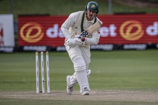 Australia's Matt Renshaw plays a shot on day four of the second Test match between South Africa and Australia at St Georges Park in Gqeberha on October 21, 2026. Australia were made to follow on after being dismissed for just 99 in reply to South Africa's first innings total of 425 for nine declared, a deficit of 326 runs, on day four at Gqeberha. (Photo by Marco Longari / AFP)