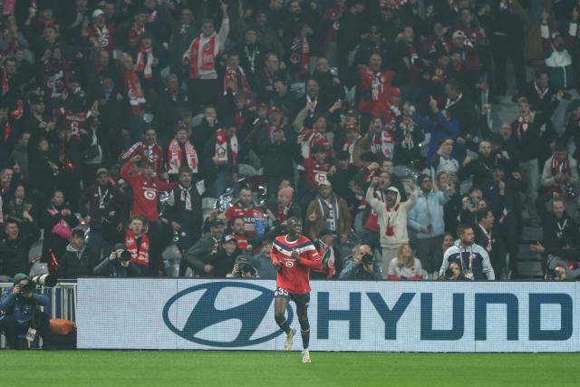 Lille's French forward #35 Soriba Diaoune celebrates scoring his team's first goal during the UEFA Champions League first round day 3 football match between Lille LOSC and Galatasaray at the Pierre Mauroy Stadium in Villeneuve-d'Ascq, northern France on October 21, 2026. (Photo by Sameer AL-DOUMY / AFP)