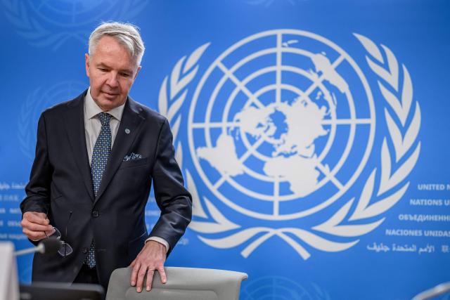 United Nations (UN) personal envoy for Sudan Pekka Haavisto arrives to hold a press conference following the sixth Consultative Meeting on Enhancing Coordination of Peace Initiatives and Efforts in Sudan, in Geneva on October 21, 2026. (Photo by Fabrice COFFRINI / AFP)