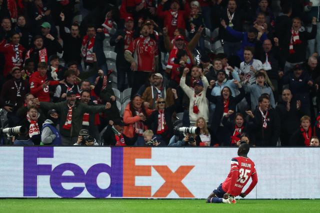 Lille's French forward #35 Soriba Diaoune celebrates scoring his team's second goal during the UEFA Champions League first round day 3 football match between Lille LOSC and Galatasaray at the Pierre Mauroy Stadium in Villeneuve-d'Ascq, northern France on October 21, 2026. (Photo by Sameer AL-DOUMY / AFP)